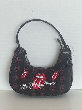 The Rolling Stones Hobo Shoulder Bag in Black Denim + Embroidery NEW
